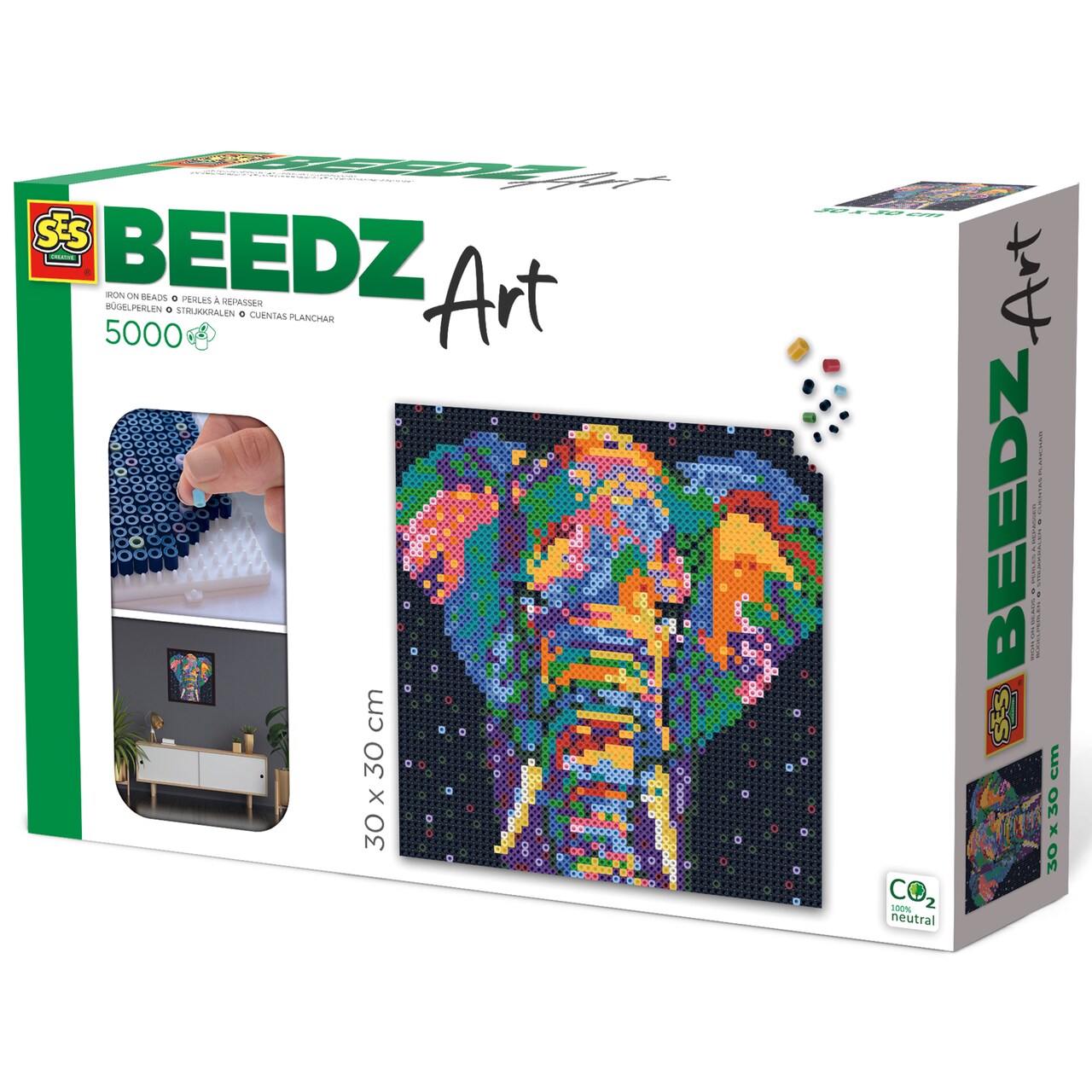 SES Creative: Beedz Art - Elephant Fantasy - Iron-On Beads Set - 500 Fusible Beads, 12x12" Animal Design Wall Art, DIY Craft Activity, Teens & Adults
